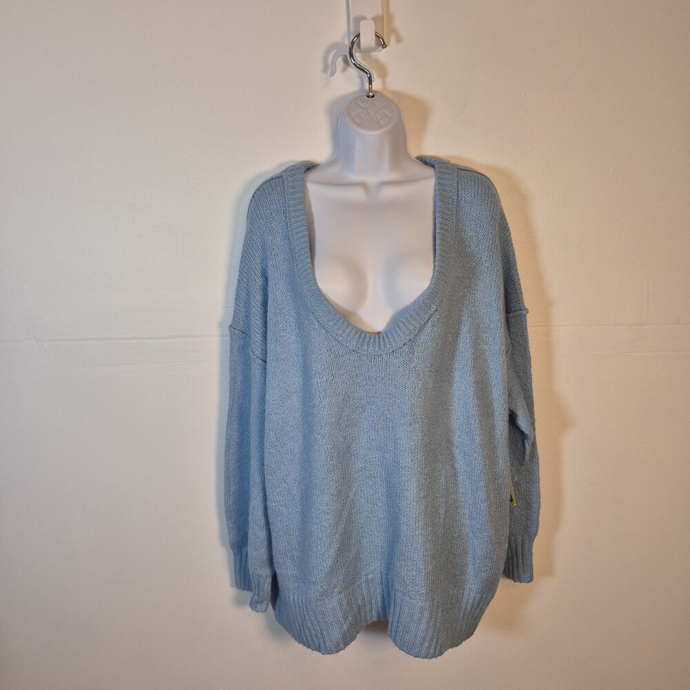 Free People Women's Brookside Oversized Tunic Sweater Size L Blue V-neck
